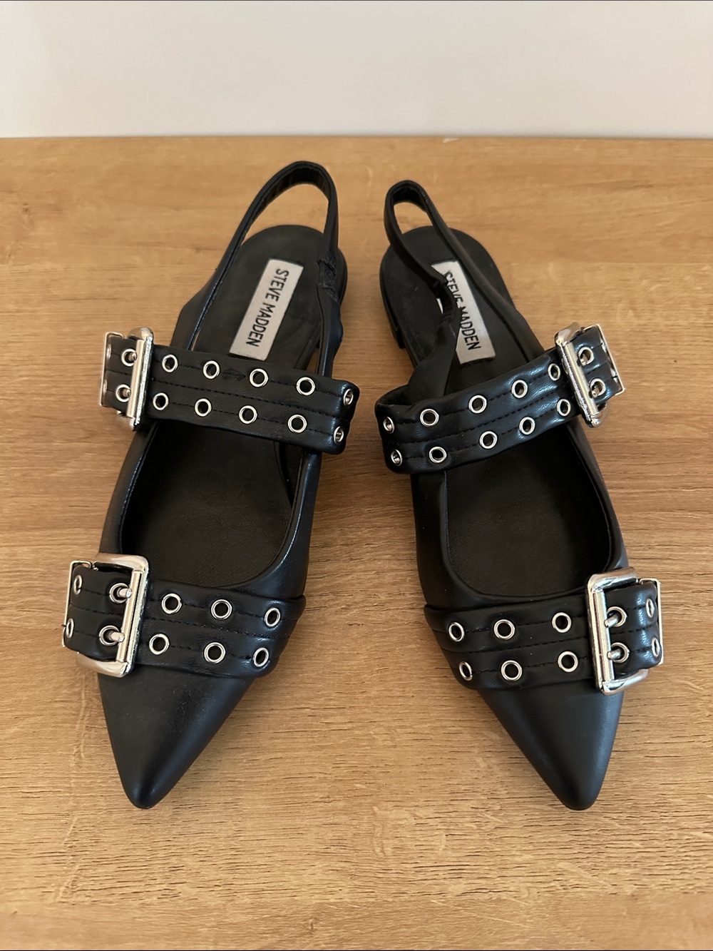 NEW Steve Madden Black Pointed Slingback Mules with Silver Buckles